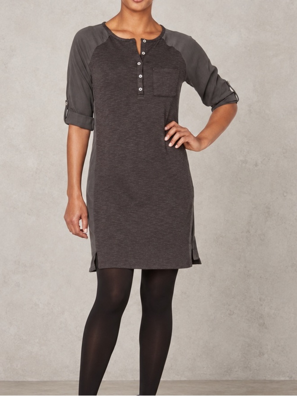 prAna Mixed Media charcoal Henley dress with roll tab Sleeves, L